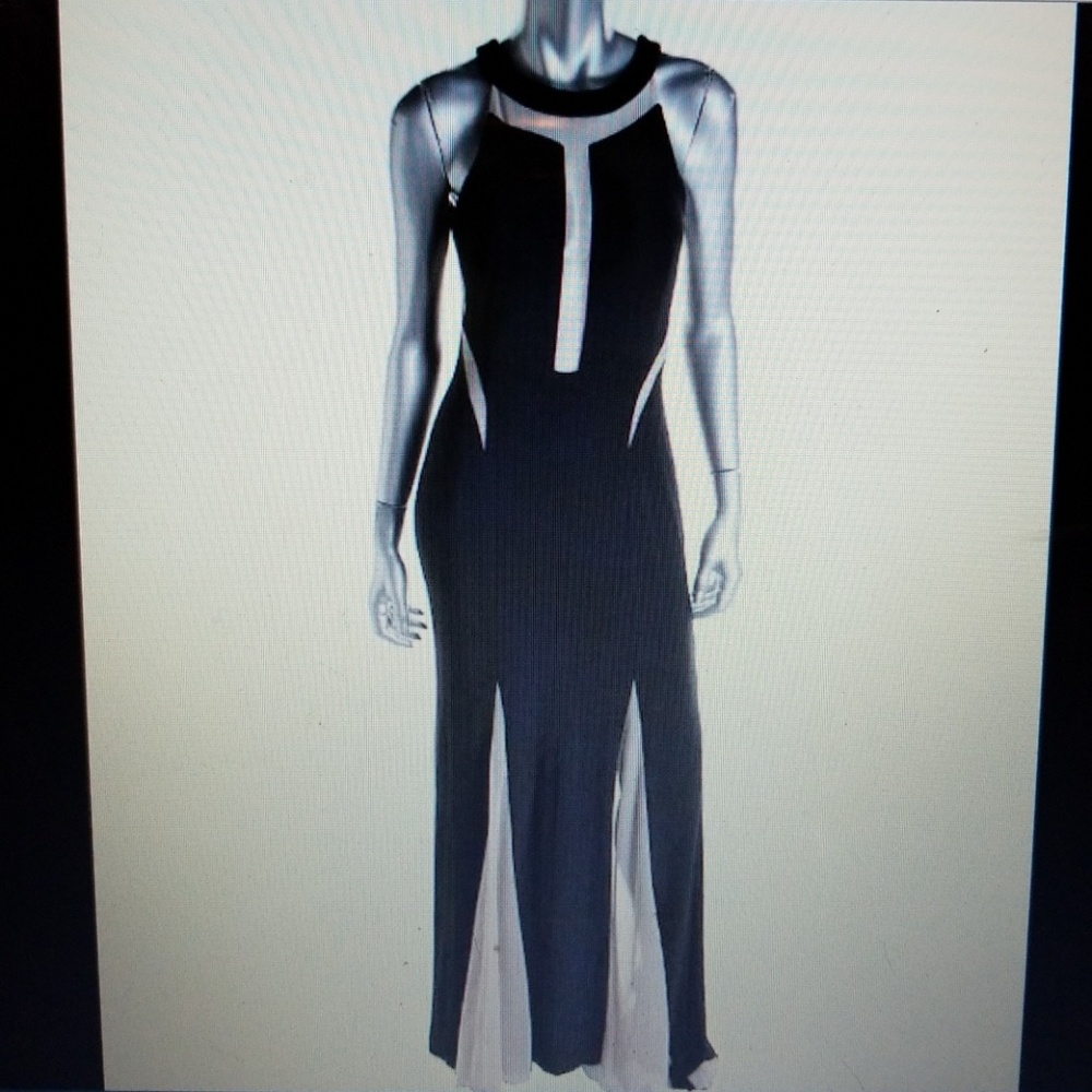 XSCAPE Women's BLACK Mesh Inset LONG GOWN DRESS 6